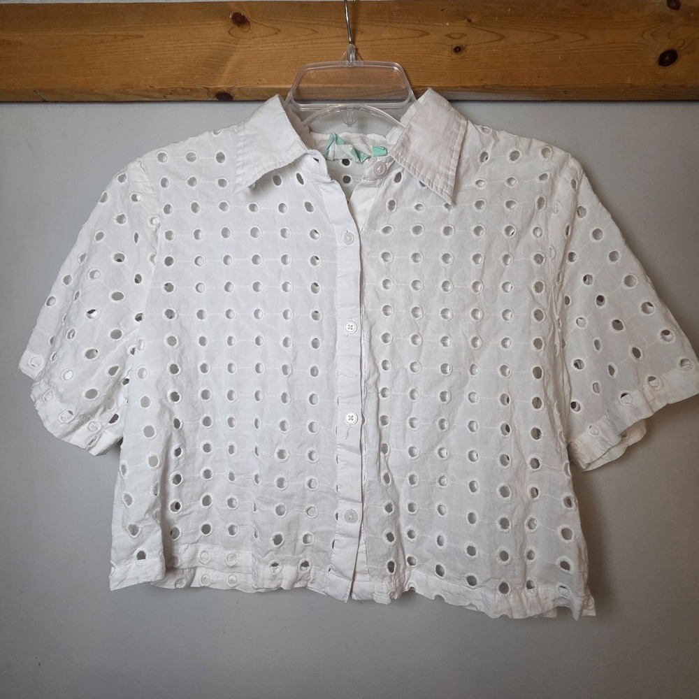 True Destinations Women's Top Cropped Cotton Size XS White Boho Hippie Crochet